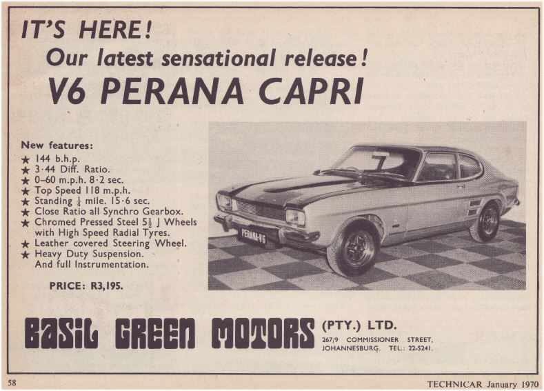 1970-01 TechniCAR - Basil Green Motors Advert - Capri Perana V6